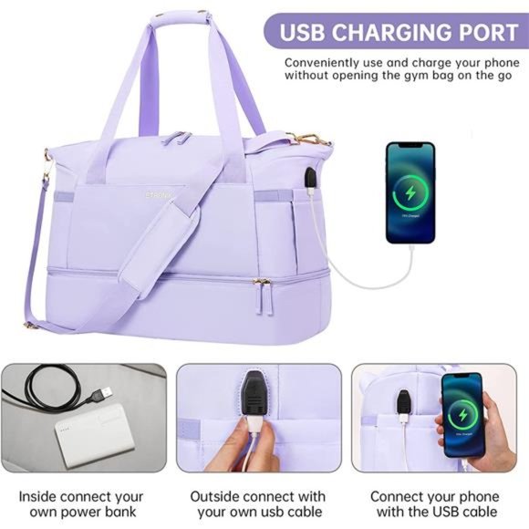 Gym Bag for Women Sports Travel Duffel w/ USB Charging Port Weekender Overnight - Picture 2 of 7